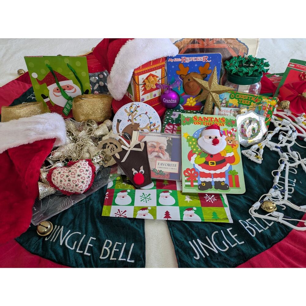 Christmas Bundle - Tree Skirt w Bells, Books, CD, Angels, Ribbon, Stocking, Hats